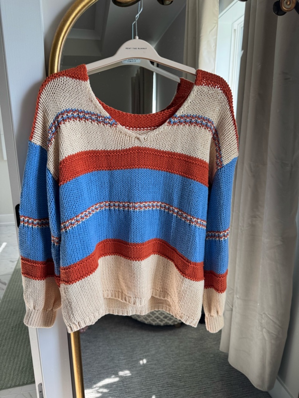 Striped Crewneck Sweater in Cream, Blue & Rust
